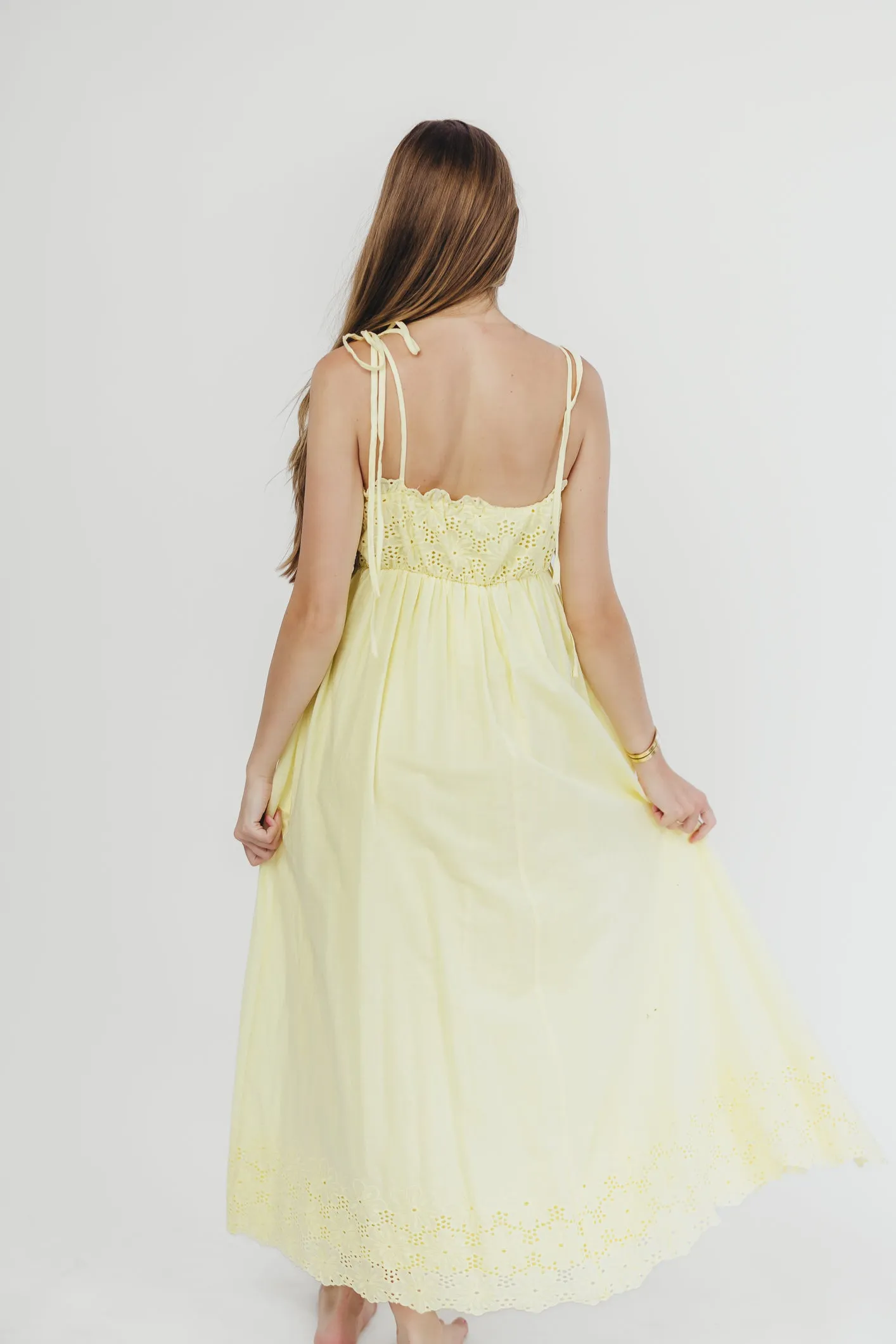 Sunny Days Scalloped Eyelet Lace Midi Dress in Yellow sold by Worth Collective product image thumbnail 3