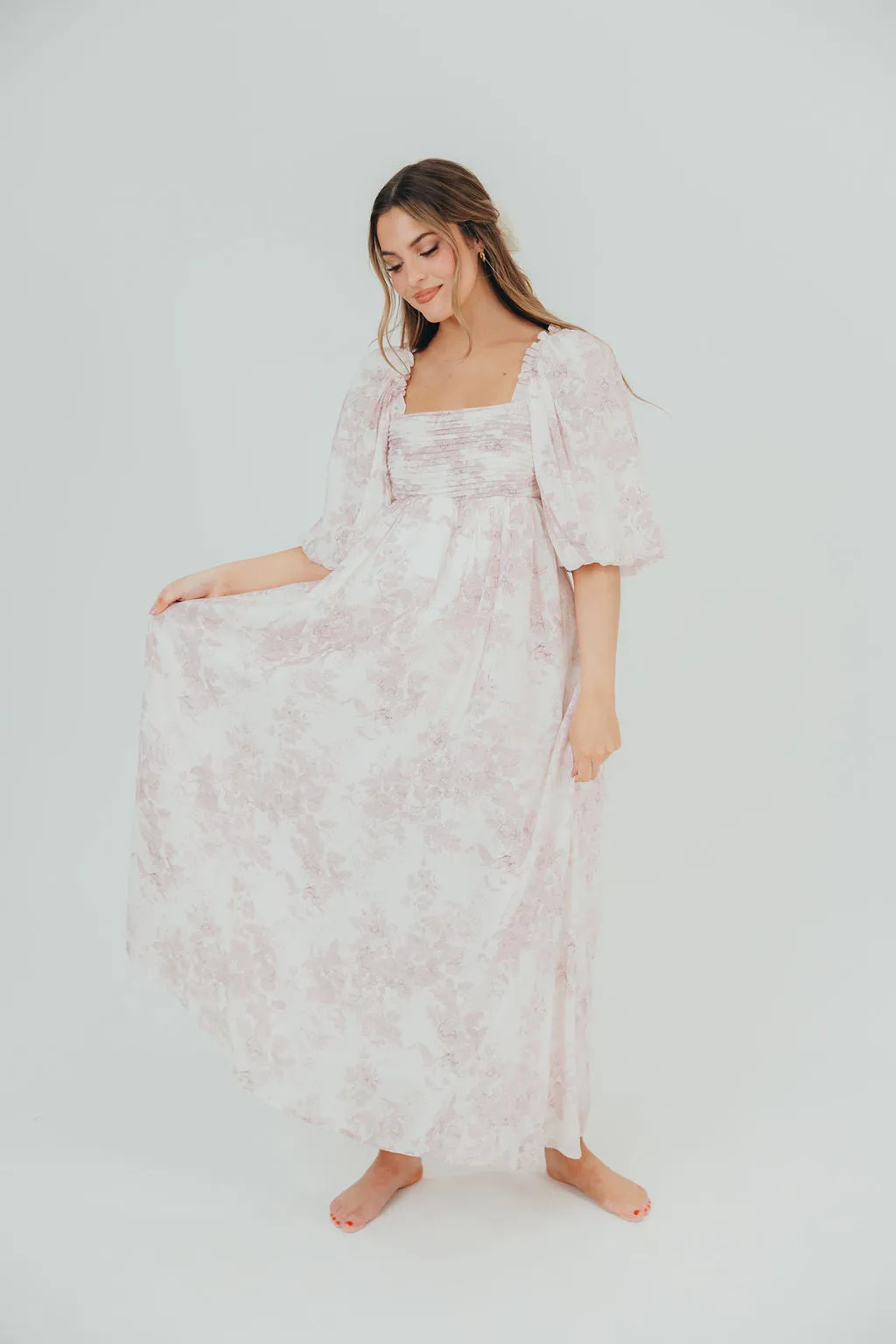 Melody Maxi Dress with Pleats and Bow Detail in Pink Toile - Bump Friendly & Inclusive Sizing (XL-3XL) - PRE-ORDER sold by Worth Collective