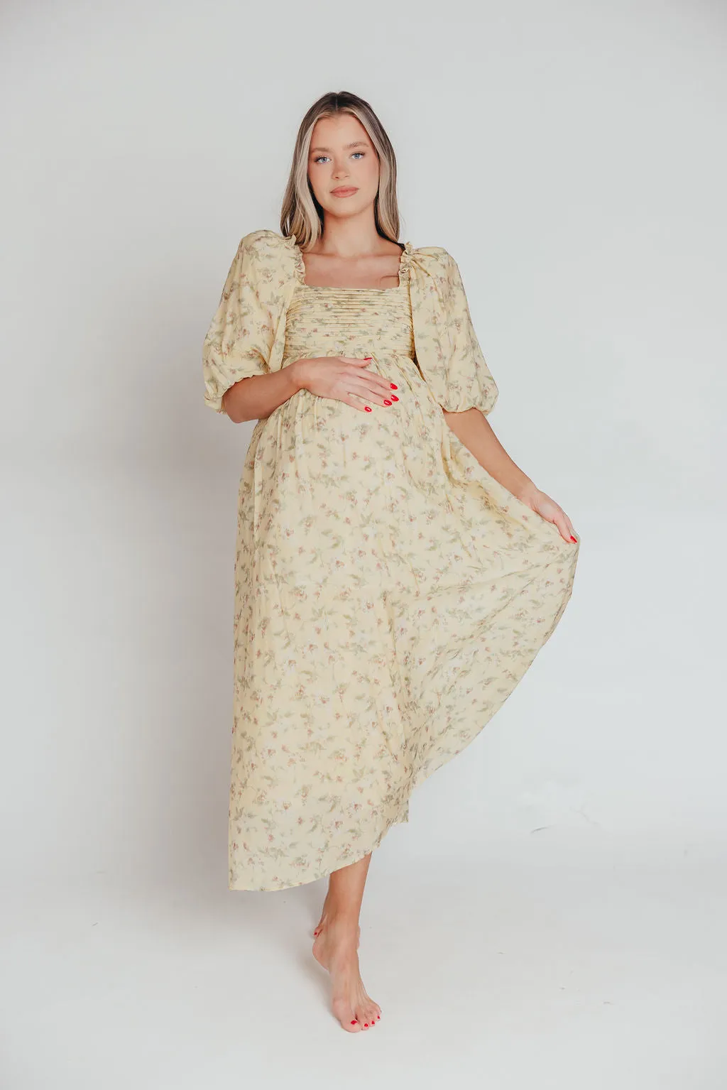 Melody Maxi Dress with Pleats and Bow Detail in Yellow Floral - Bump Friendly & Inclusive Sizing (S-3XL) sold by Worth Collective product image thumbnail 4