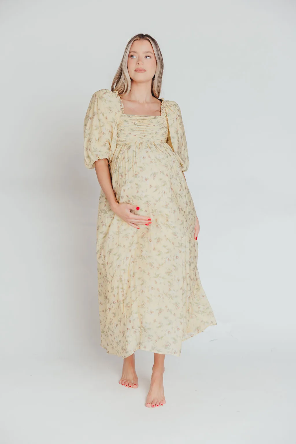 Melody Maxi Dress with Pleats and Bow Detail in Yellow Floral - Bump Friendly & Inclusive Sizing (S-3XL) sold by Worth Collective product image thumbnail 5