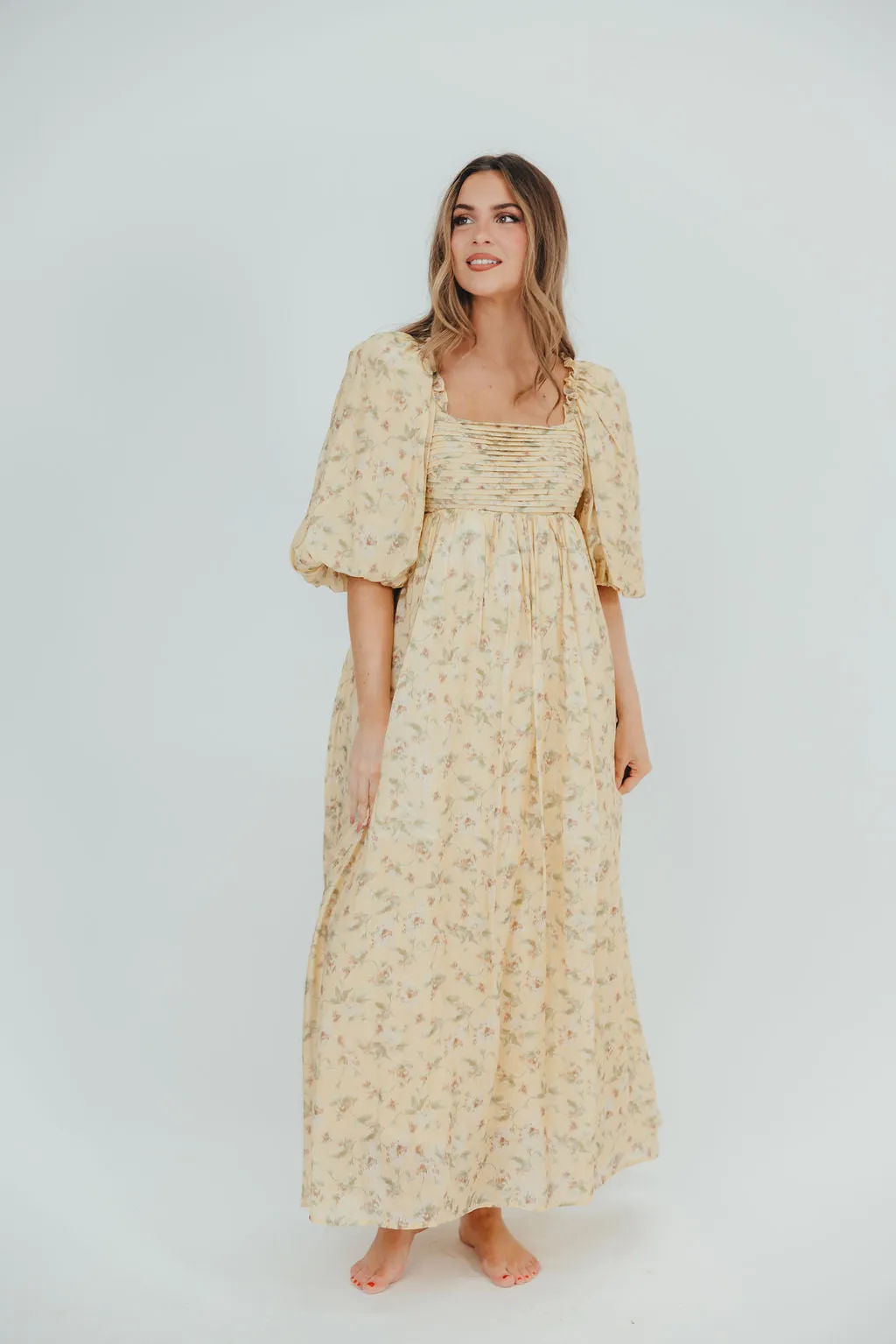 Melody Maxi Dress with Pleats and Bow Detail in Yellow Floral - Bump Friendly & Inclusive Sizing (S-3XL) sold by Worth Collective product image thumbnail 3
