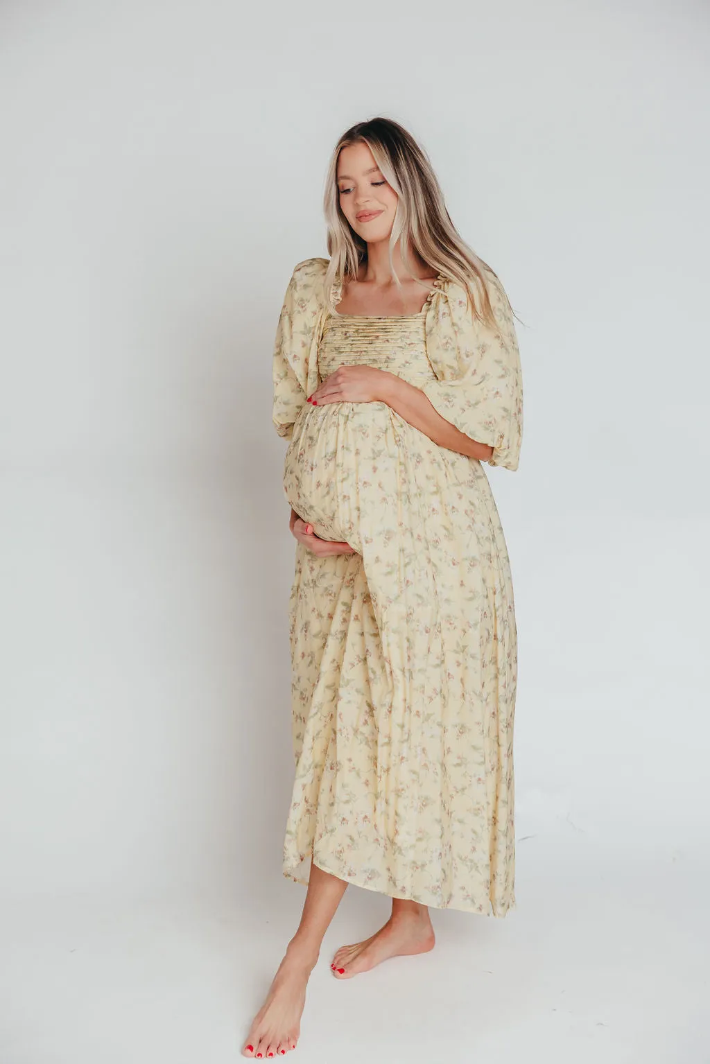 Melody Maxi Dress with Pleats and Bow Detail in Yellow Floral - Bump Friendly & Inclusive Sizing (S-3XL) sold by Worth Collective