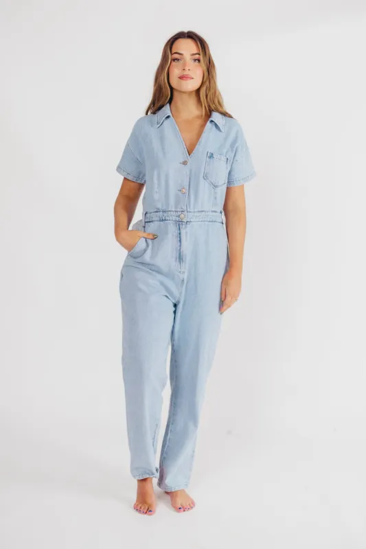 Camille Denim Utility Jumpsuit in Light Wash - Nursing Friendly sold by Worth Collective