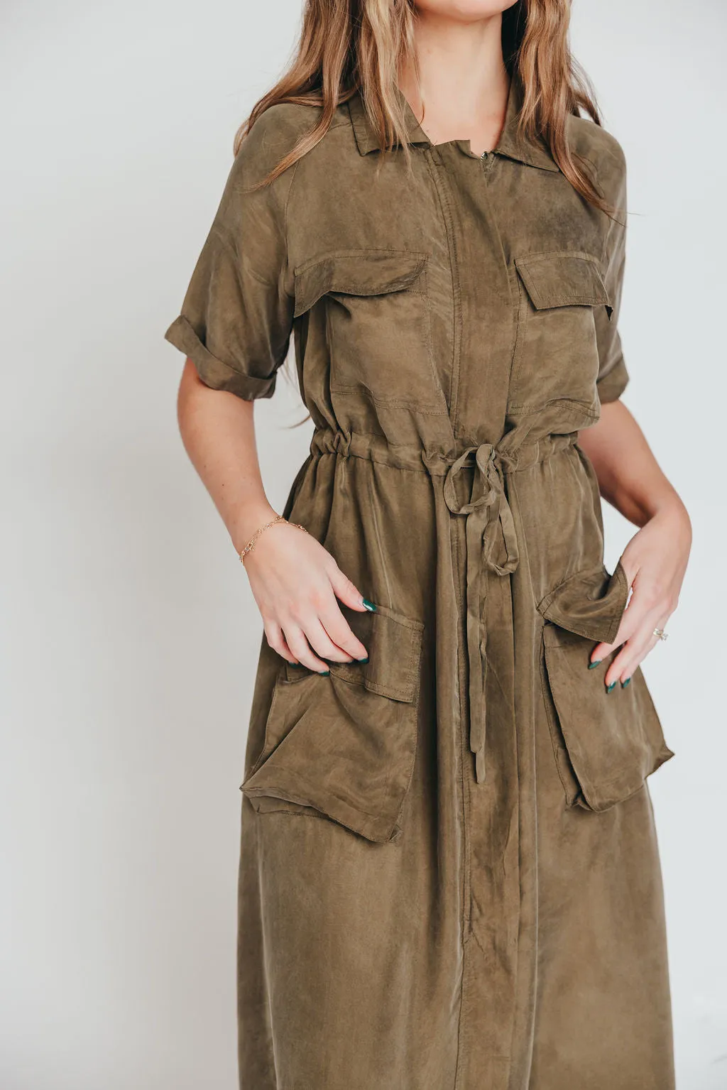 Alexis Viscose Maxi Shirt Dress in Olive - Nursing Friendly sold by Worth Collective product image thumbnail 3