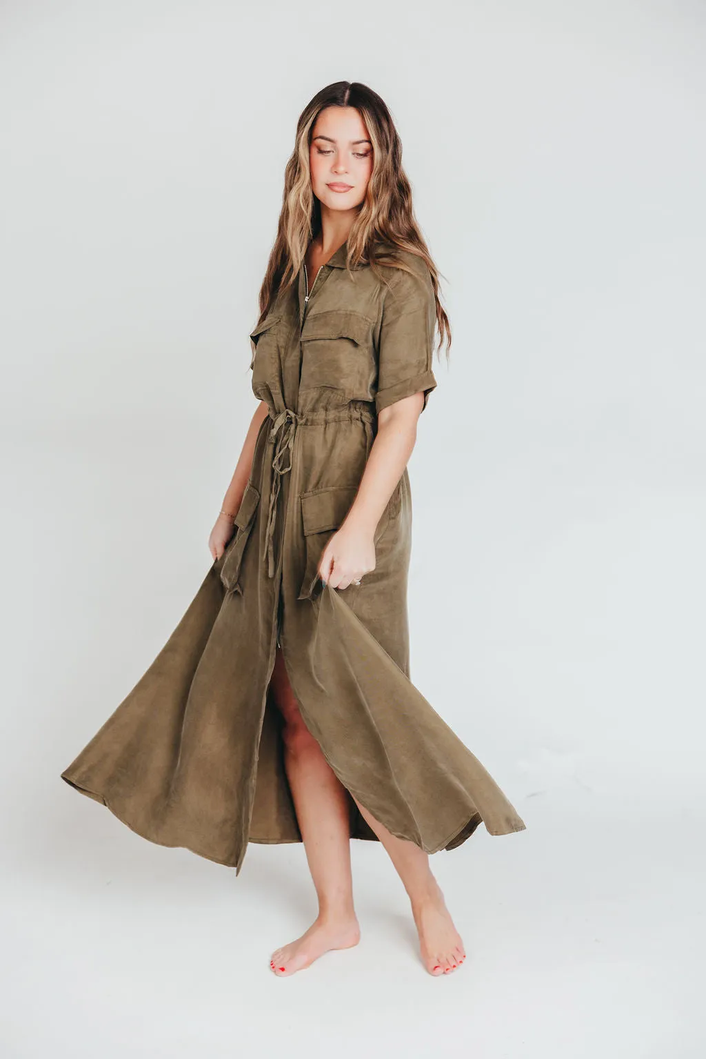 Alexis Viscose Maxi Shirt Dress in Olive - Nursing Friendly sold by Worth Collective product image thumbnail 2