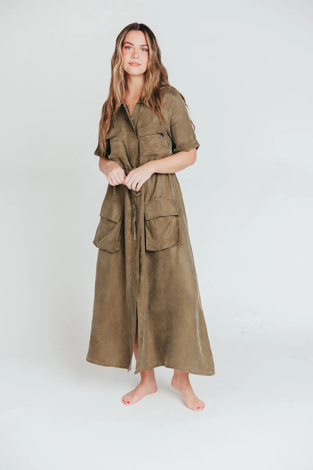 Alexis Viscose Maxi Shirt Dress in Olive - Nursing Friendly sold by Worth Collective