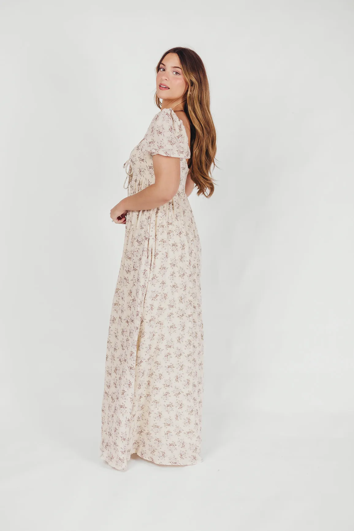 Haven 100% Cotton Tie-Front Maxi Dress in Blue/Brown Floral - Bump Friendly sold by Worth Collective product image thumbnail 4