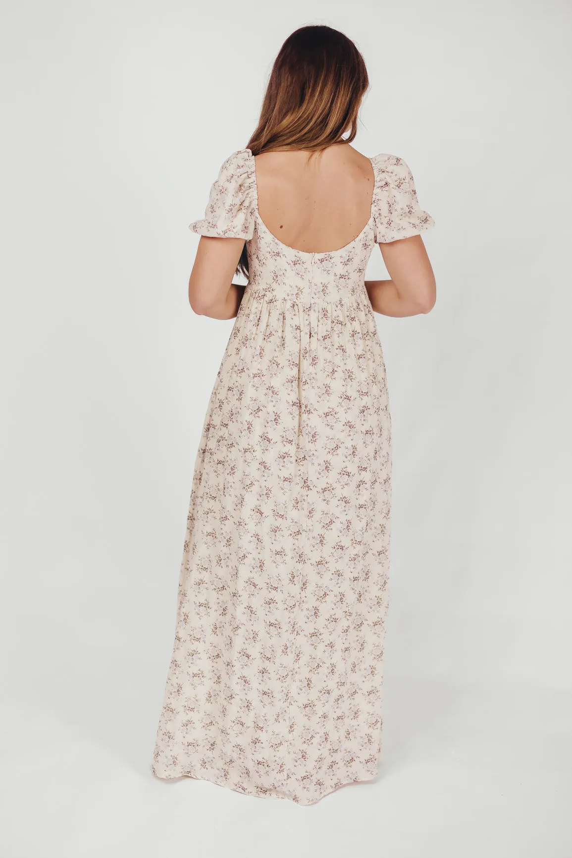 Haven 100% Cotton Tie-Front Maxi Dress in Blue/Brown Floral - Bump Friendly sold by Worth Collective product image thumbnail 5