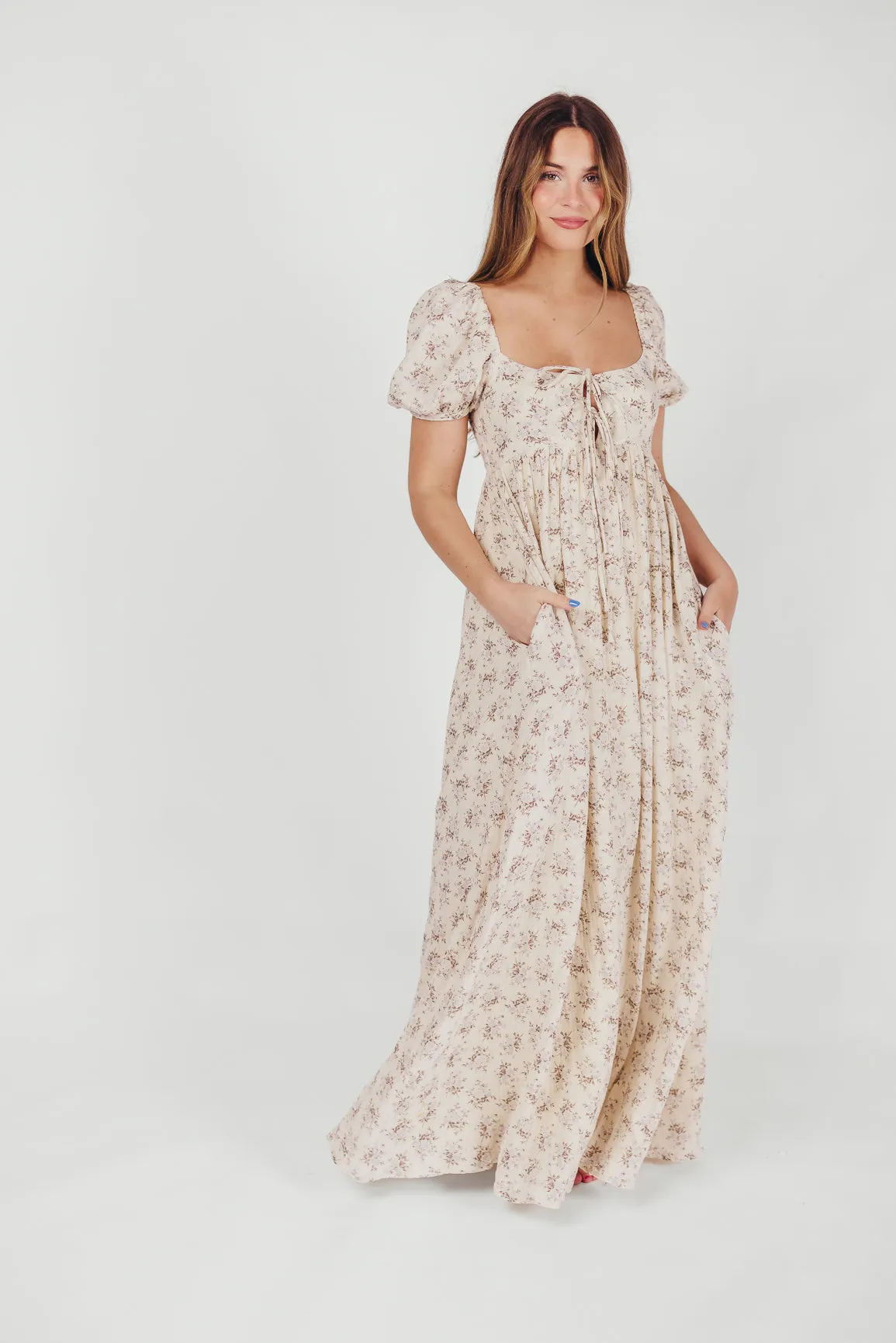 Haven 100% Cotton Tie-Front Maxi Dress in Blue/Brown Floral - Bump Friendly sold by Worth Collective product image thumbnail 2