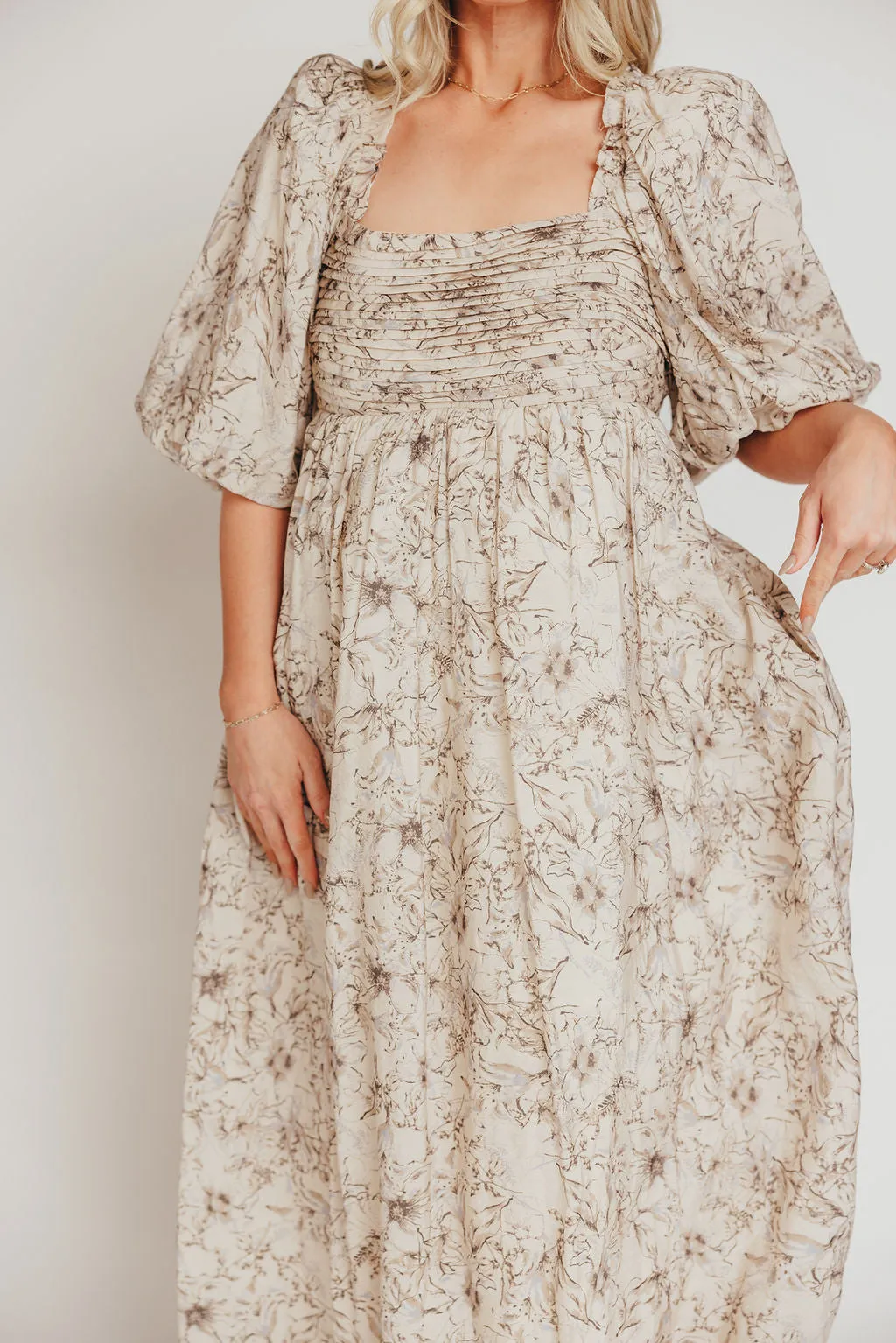 Melody Maxi Dress with Pleats and Bow Detail in Brown and Blue Floral - Bump Friendly & Inclusive Sizing (S-3XL) sold by Worth Collective