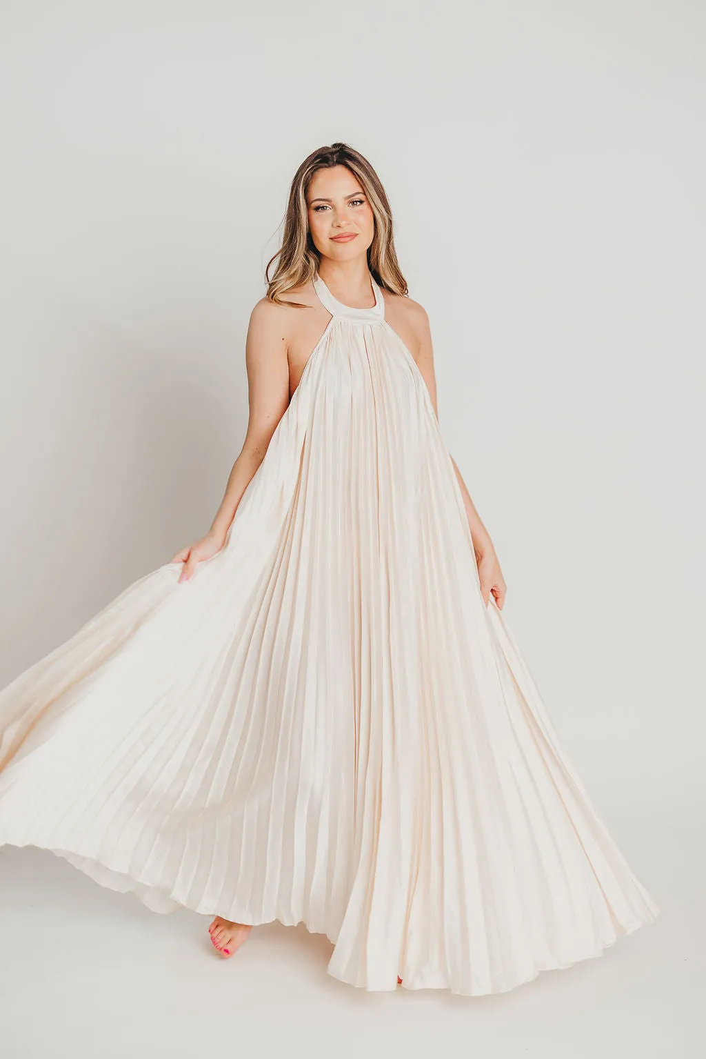 Maren Pleated Halter Maxi Dress in Cream - Bump Friendly sold by Worth Collective product image thumbnail 2