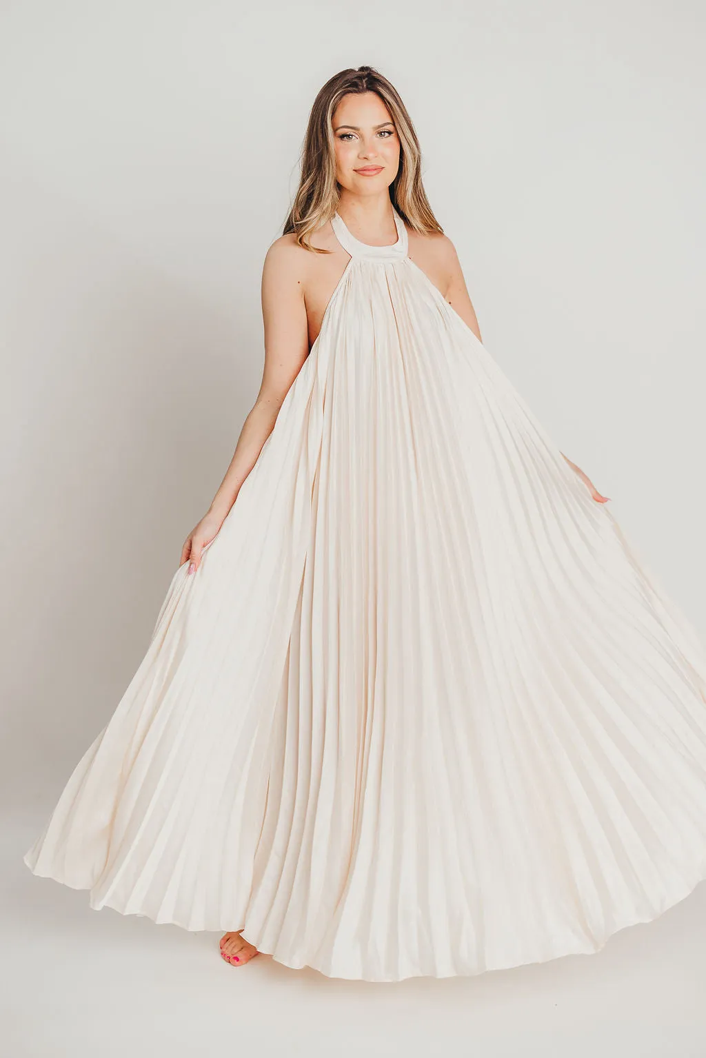 Maren Pleated Halter Maxi Dress in Cream - Bump Friendly sold by Worth Collective product image thumbnail 3