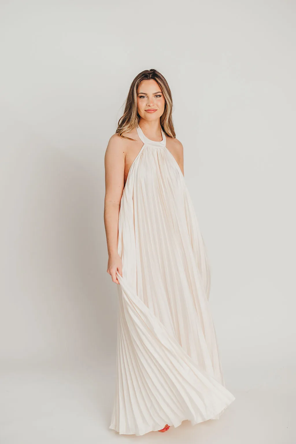 Maren Pleated Halter Maxi Dress in Cream - Bump Friendly sold by Worth Collective product image thumbnail 4