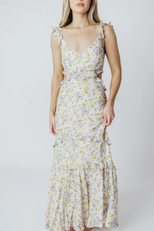 ASTR Rebecca Maxi Dress in Taupe Purple Floral sold by Worth Collective