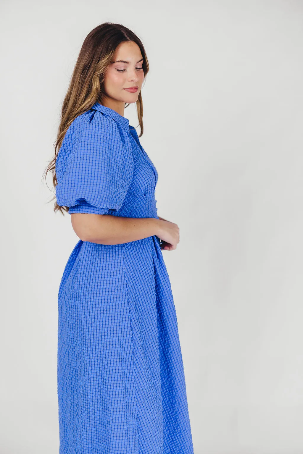 Karsyn Midi Shirt Dress with Puffed Sleeves in Blue sold by Worth Collective product image thumbnail 3