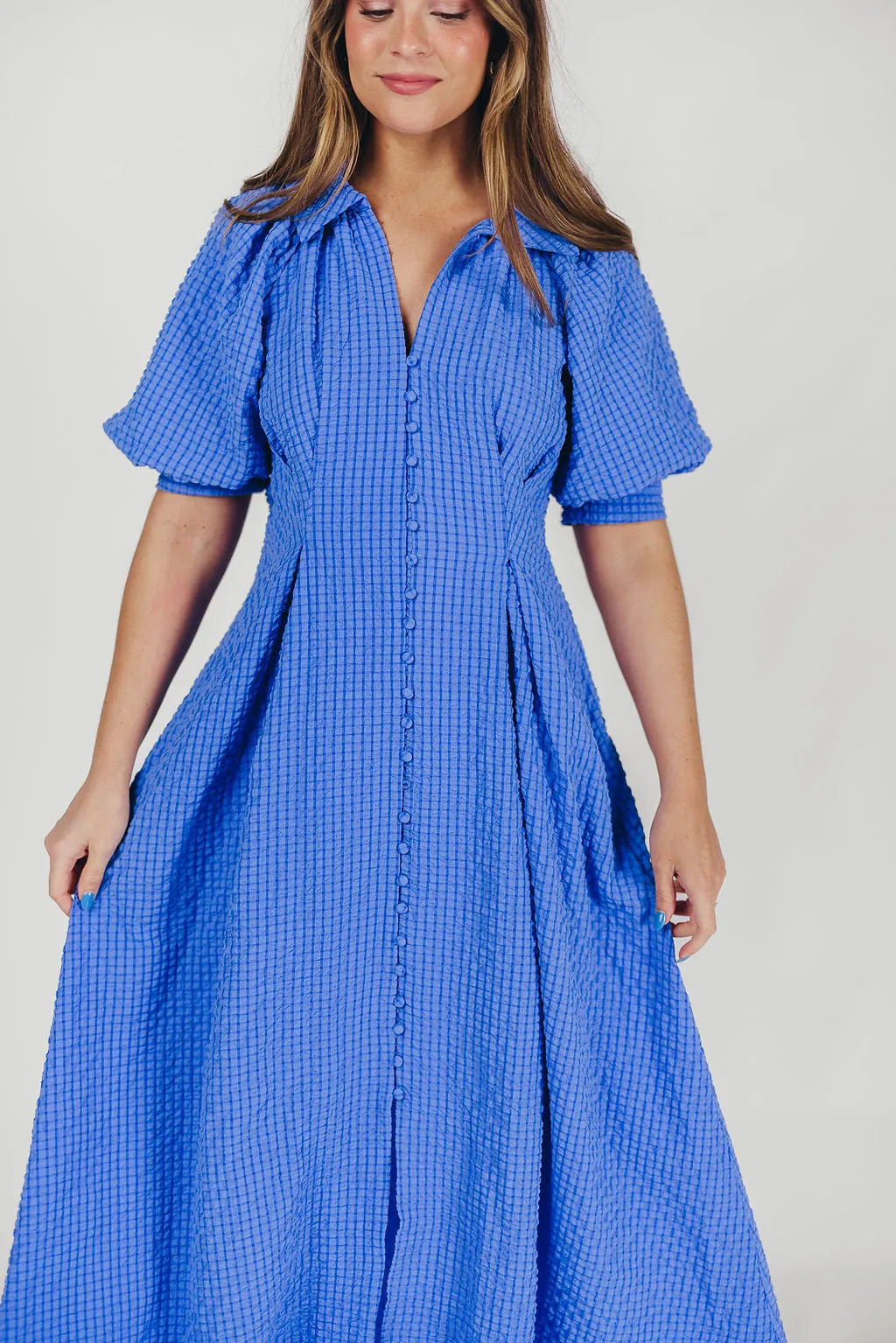 Karsyn Midi Shirt Dress with Puffed Sleeves in Blue sold by Worth Collective