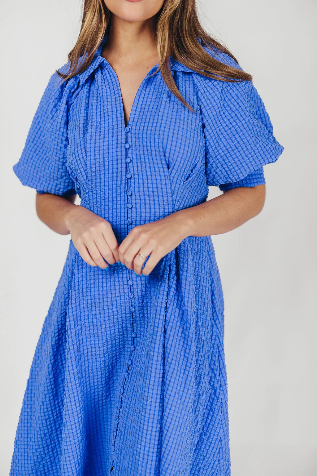 Karsyn Midi Shirt Dress with Puffed Sleeves in Blue sold by Worth Collective product image thumbnail 2