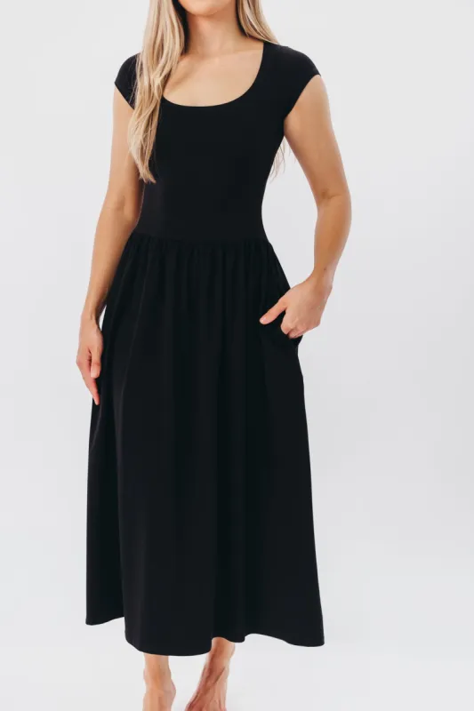 Larissa Cap Sleeve Midi Dress in Black sold by Worth Collective