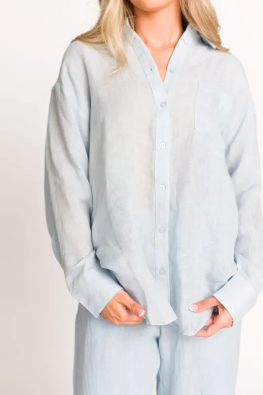 Madeline 100% Linen Button Down in Light Blue sold by Worth Collective