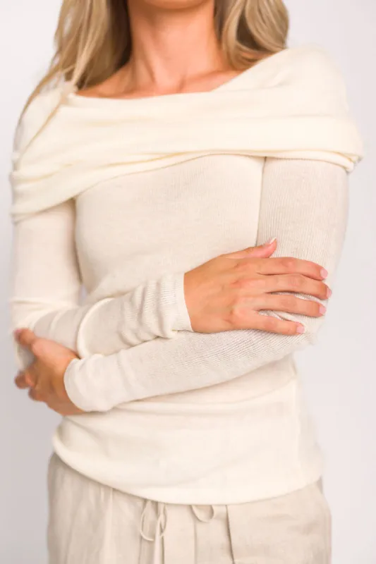 Laurel Off-the-Shoulder Thin Rib Sweater Top in Cream sold by Worth Collective