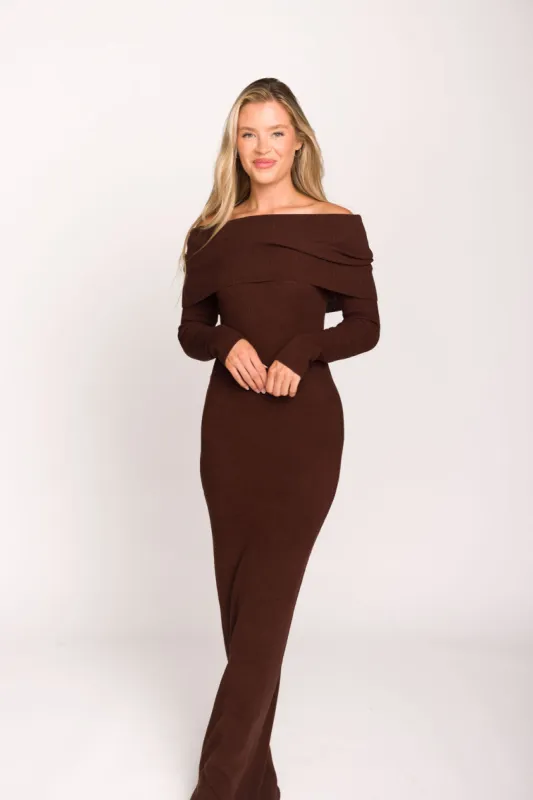 Winona Off-the-Shoulder Knit Maxi Dress in Espresso sold by Worth Collective