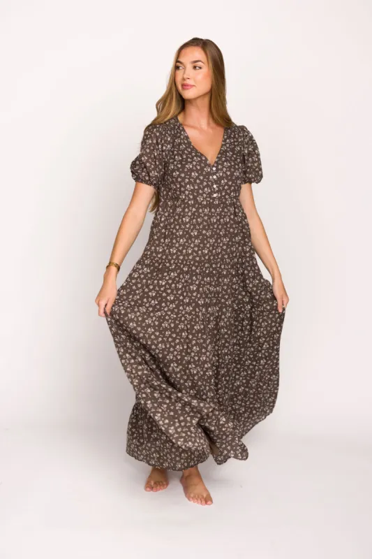Viola Tiered Floral Dress in Mocha - Nursing Friendly sold by Worth Collective