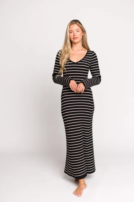 Keaton Knit Maxi Dress with V-Neckline in Black/Cream Stripe sold by Worth Collective