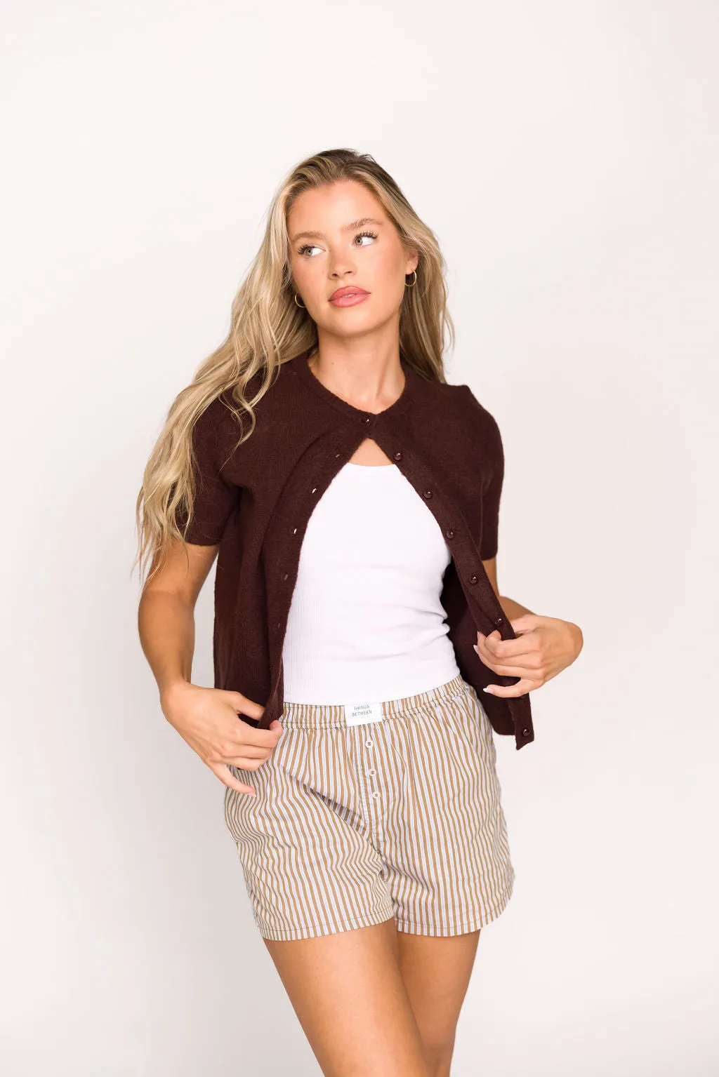 Effie Short Sleeve Button Cardigan in Brown - Nursing Friendly sold by Worth Collective