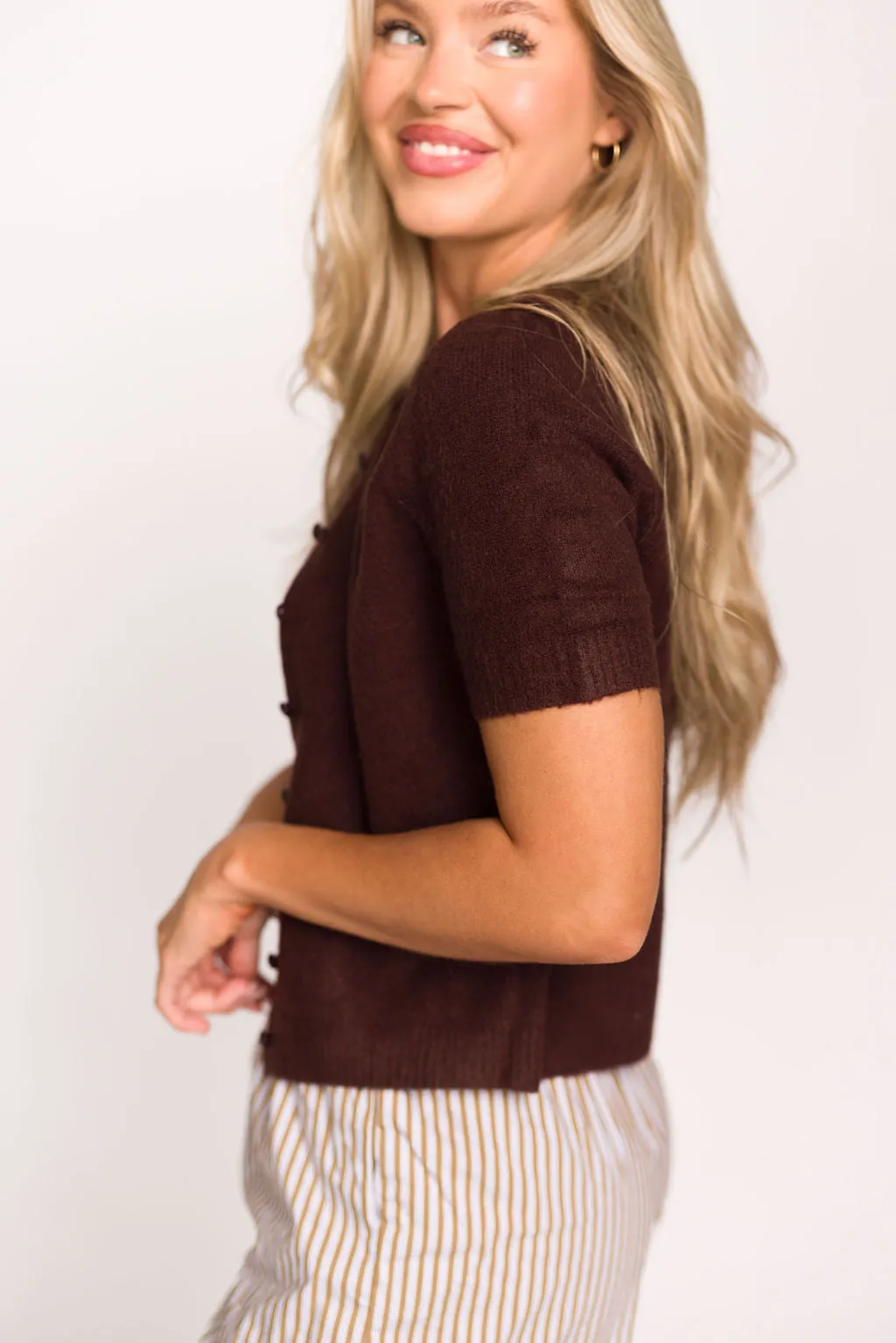 Effie Short Sleeve Button Cardigan in Brown - Nursing Friendly sold by Worth Collective product image thumbnail 5