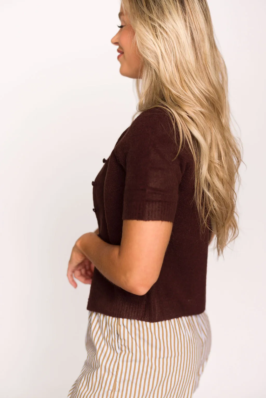 Effie Short Sleeve Button Cardigan in Brown - Nursing Friendly sold by Worth Collective product image thumbnail 4