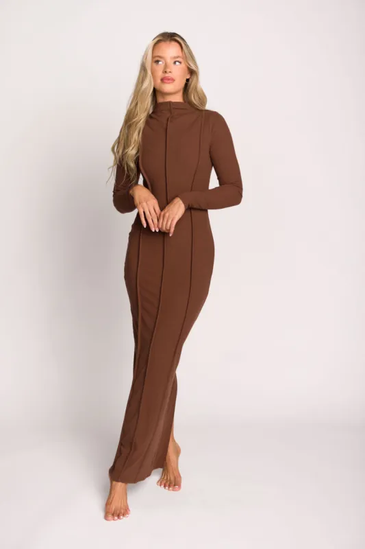 Jackie Knit Maxi Dress With Back Slit in Dark Brown sold by Worth Collective