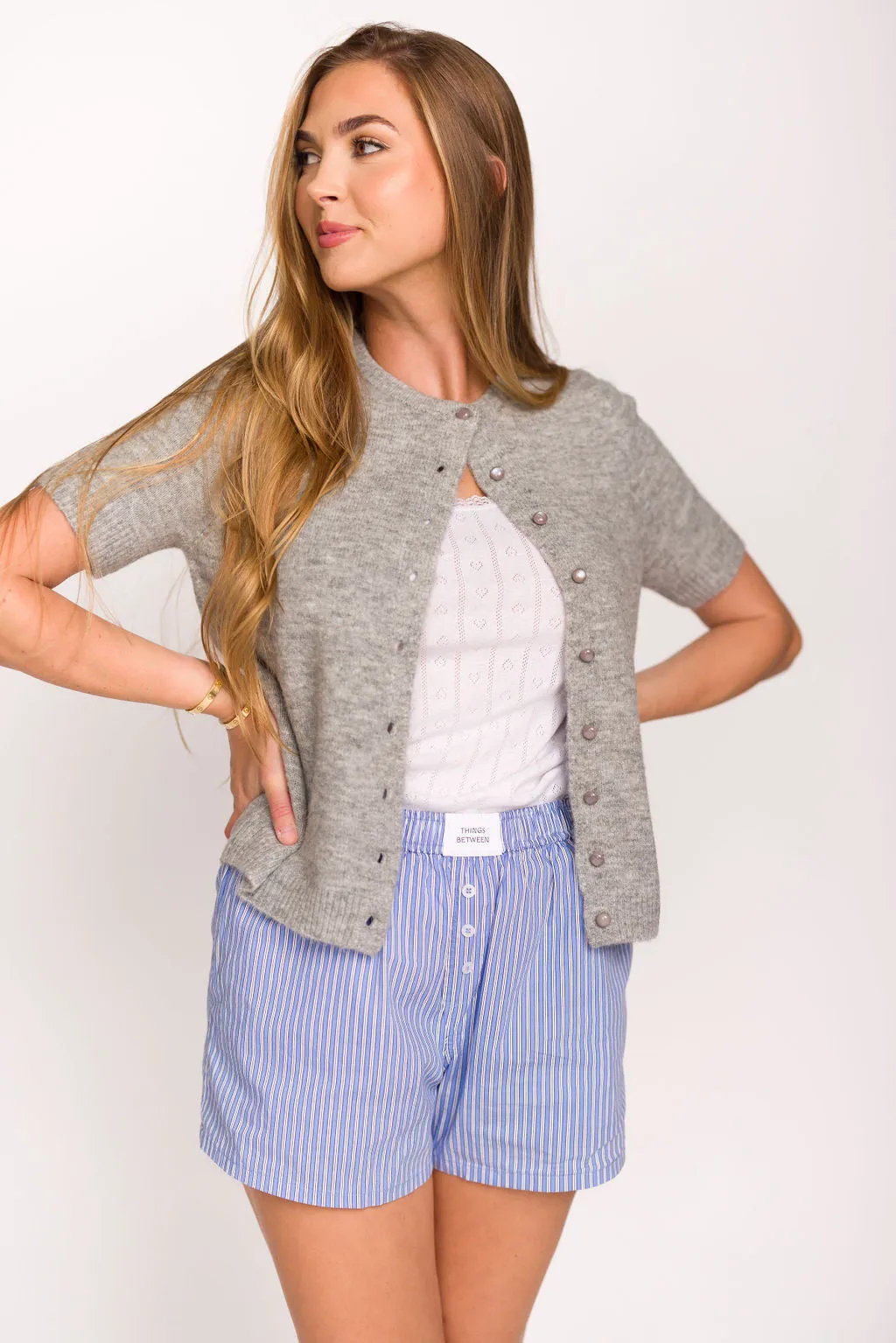 Effie Short Sleeve Button Cardigan in Heather Grey - Nursing Friendly sold by Worth Collective