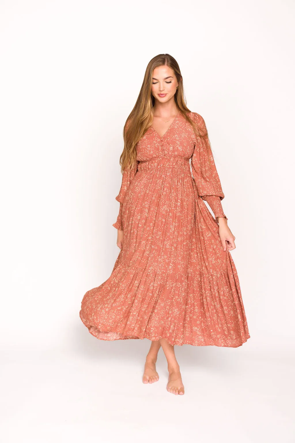 Florence Floral Button Down Long Sleeve Maxi Dress in Rosewood sold by Worth Collective product image thumbnail 2