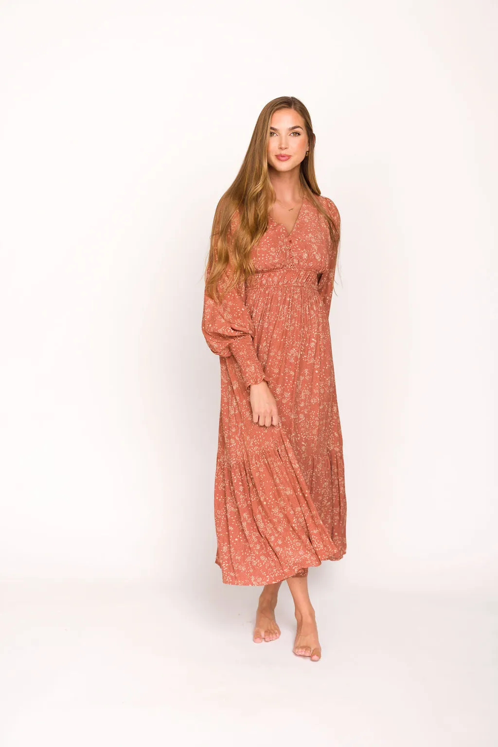 Florence Floral Button Down Long Sleeve Maxi Dress in Rosewood sold by Worth Collective product image thumbnail 3
