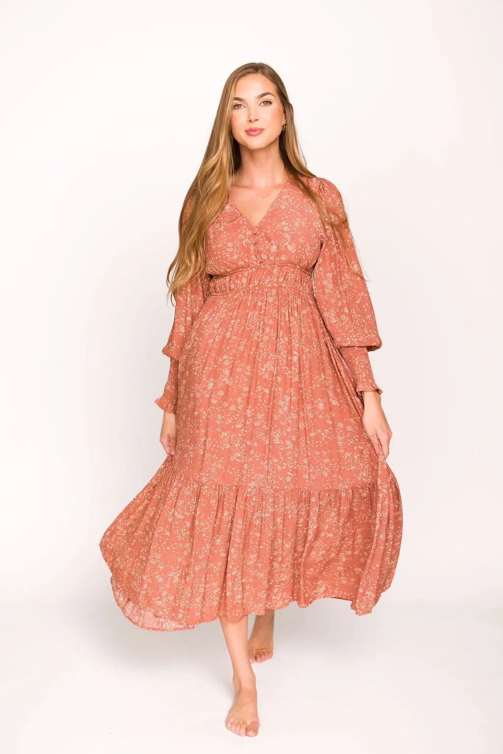 Florence Floral Button Down Long Sleeve Maxi Dress in Rosewood sold by Worth Collective