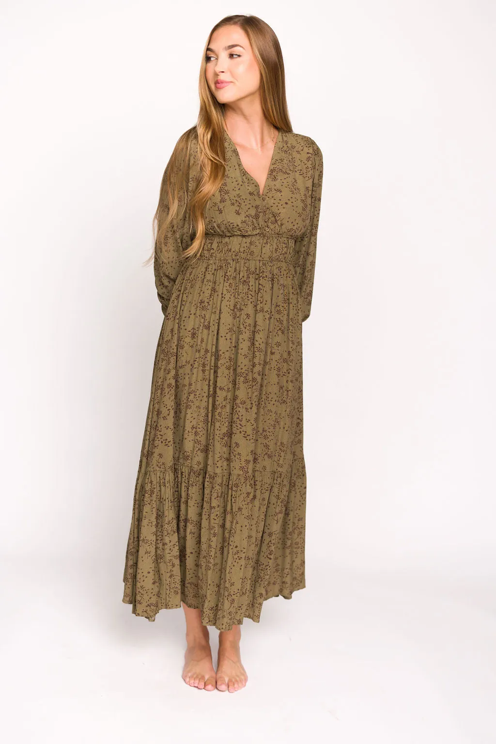 Florence Floral Button Down Long Sleeve Maxi Dress in Olive sold by Worth Collective product image thumbnail 4