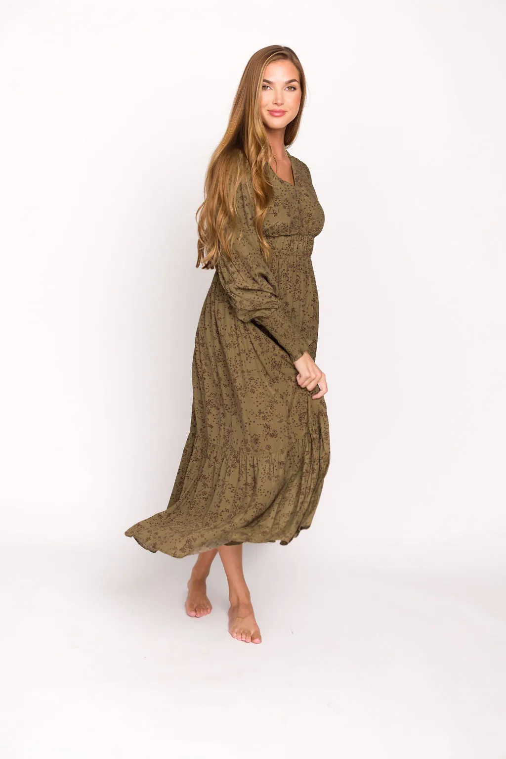 Florence Floral Button Down Long Sleeve Maxi Dress in Olive sold by Worth Collective product image thumbnail 2