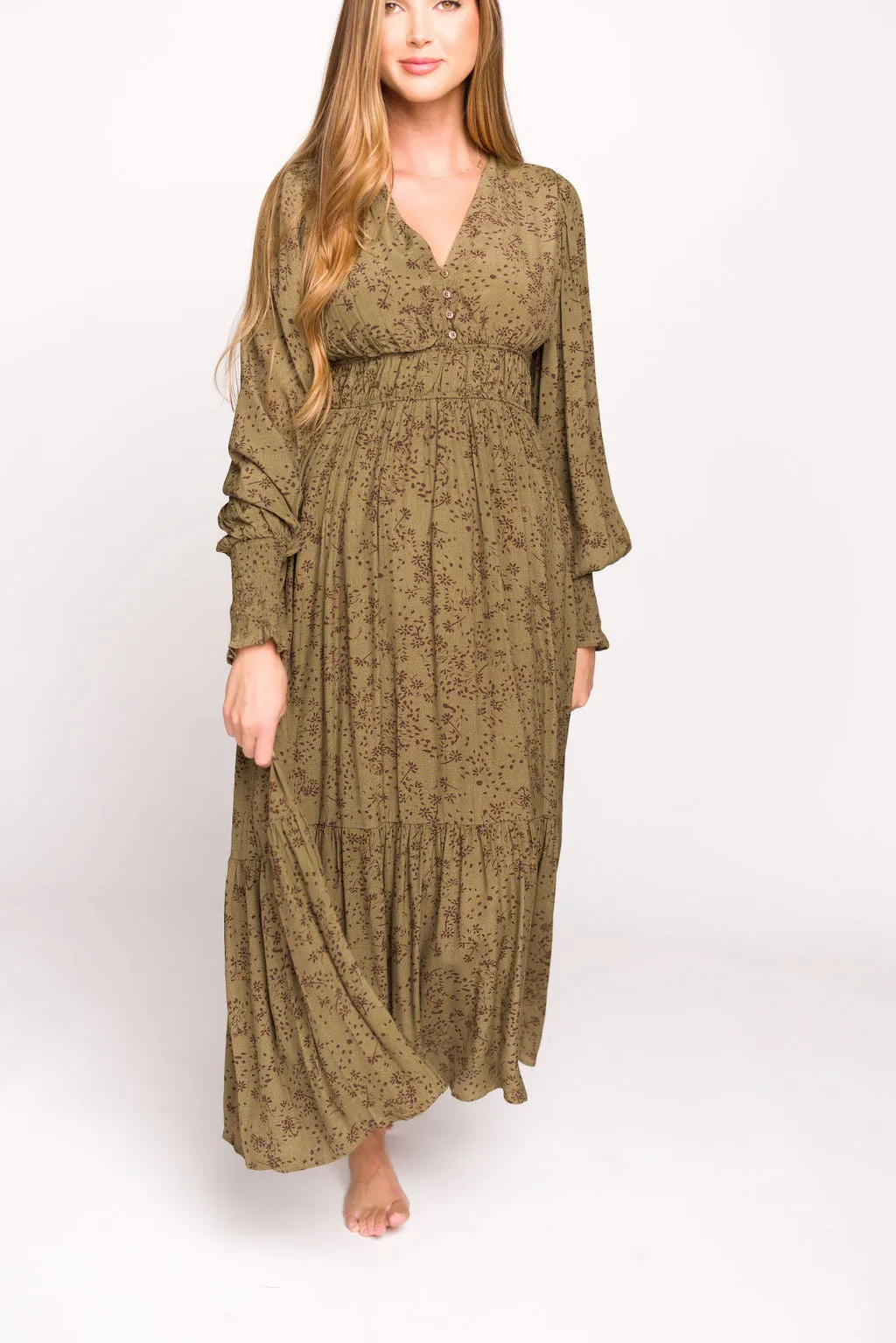 Florence Floral Button Down Long Sleeve Maxi Dress in Olive sold by Worth Collective product image thumbnail 5