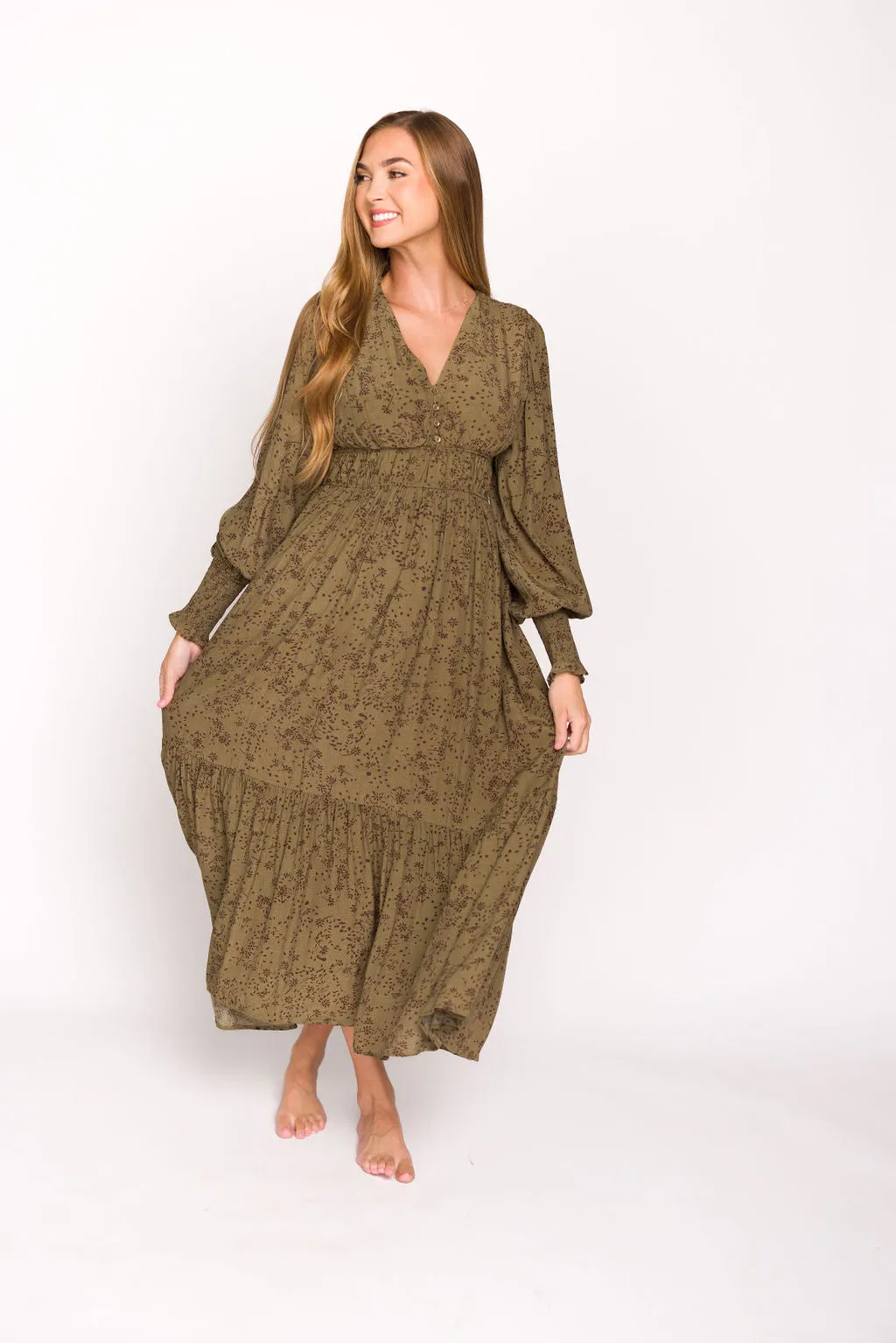 Florence Floral Button Down Long Sleeve Maxi Dress in Olive sold by Worth Collective