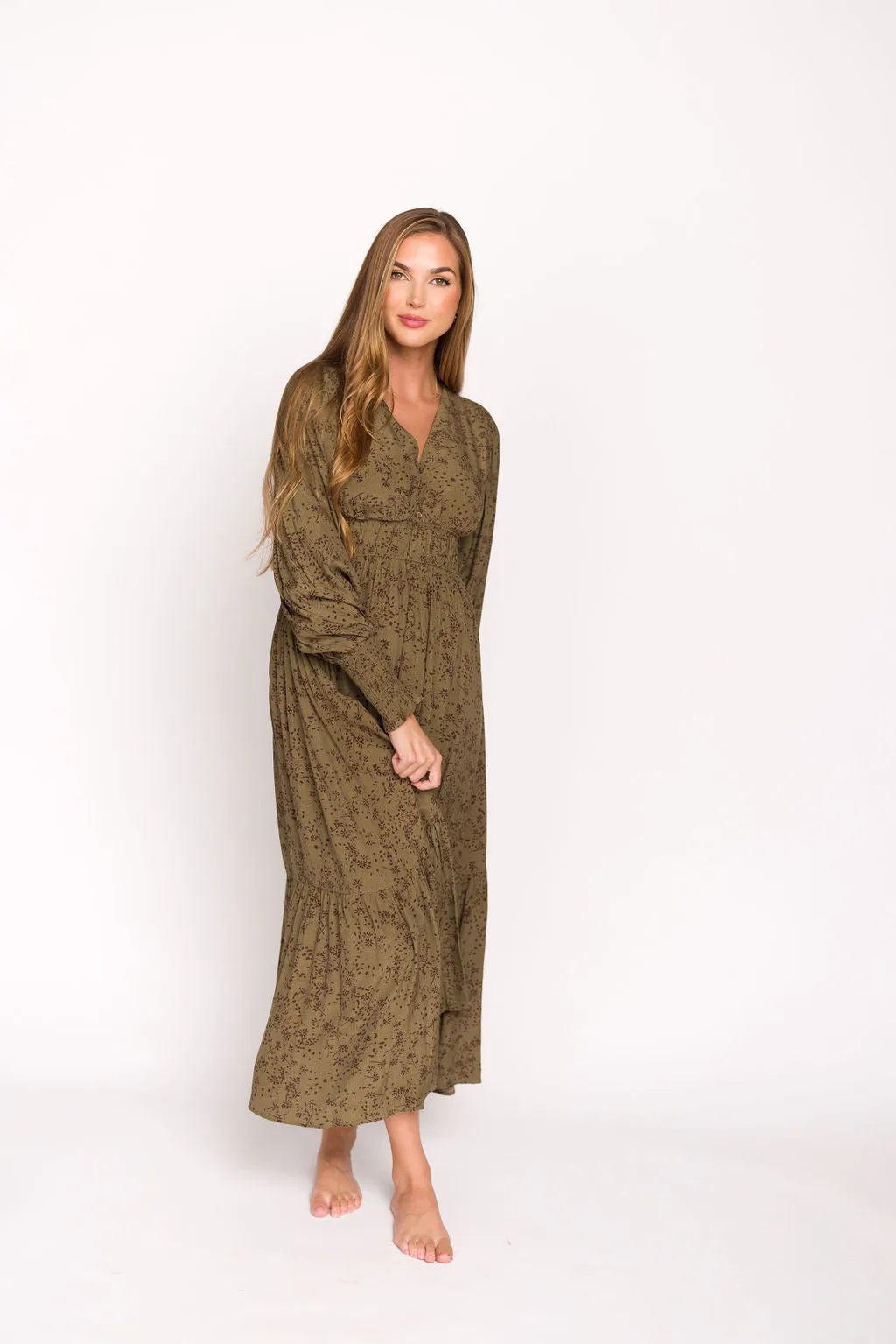 Florence Floral Button Down Long Sleeve Maxi Dress in Olive sold by Worth Collective product image thumbnail 3