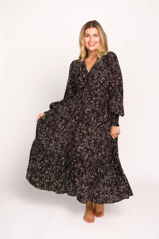 Florence Floral Button Down Long Sleeve Maxi Dress in Black sold by Worth Collective