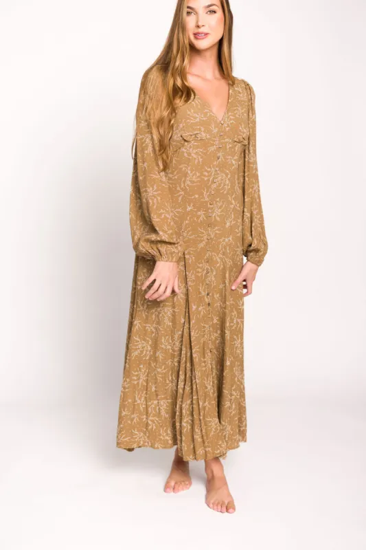 Brandi Long-Sleeve Button-Up Maxi Dress in Umber sold by Worth Collective
