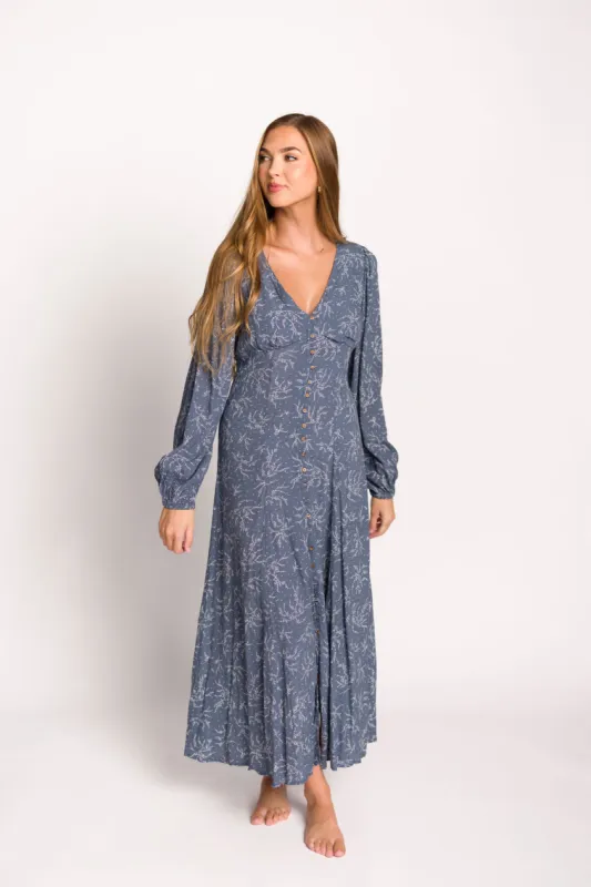 Brandi Long-Sleeve Button-Up Maxi Dress in Elemental Blue sold by Worth Collective
