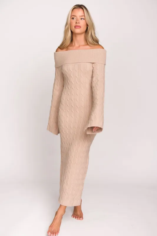 Carley Off-the-Shoulder Cable Knit Maxi Dress in Oatmeal sold by Worth Collective