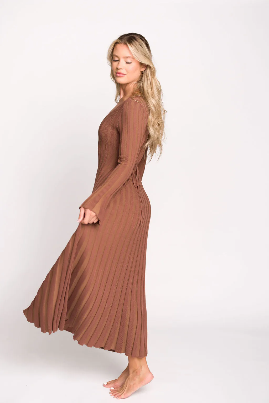 Hadley Long Sleeve V-Neck Knit Maxi Dress in Cocoa sold by Worth Collective
