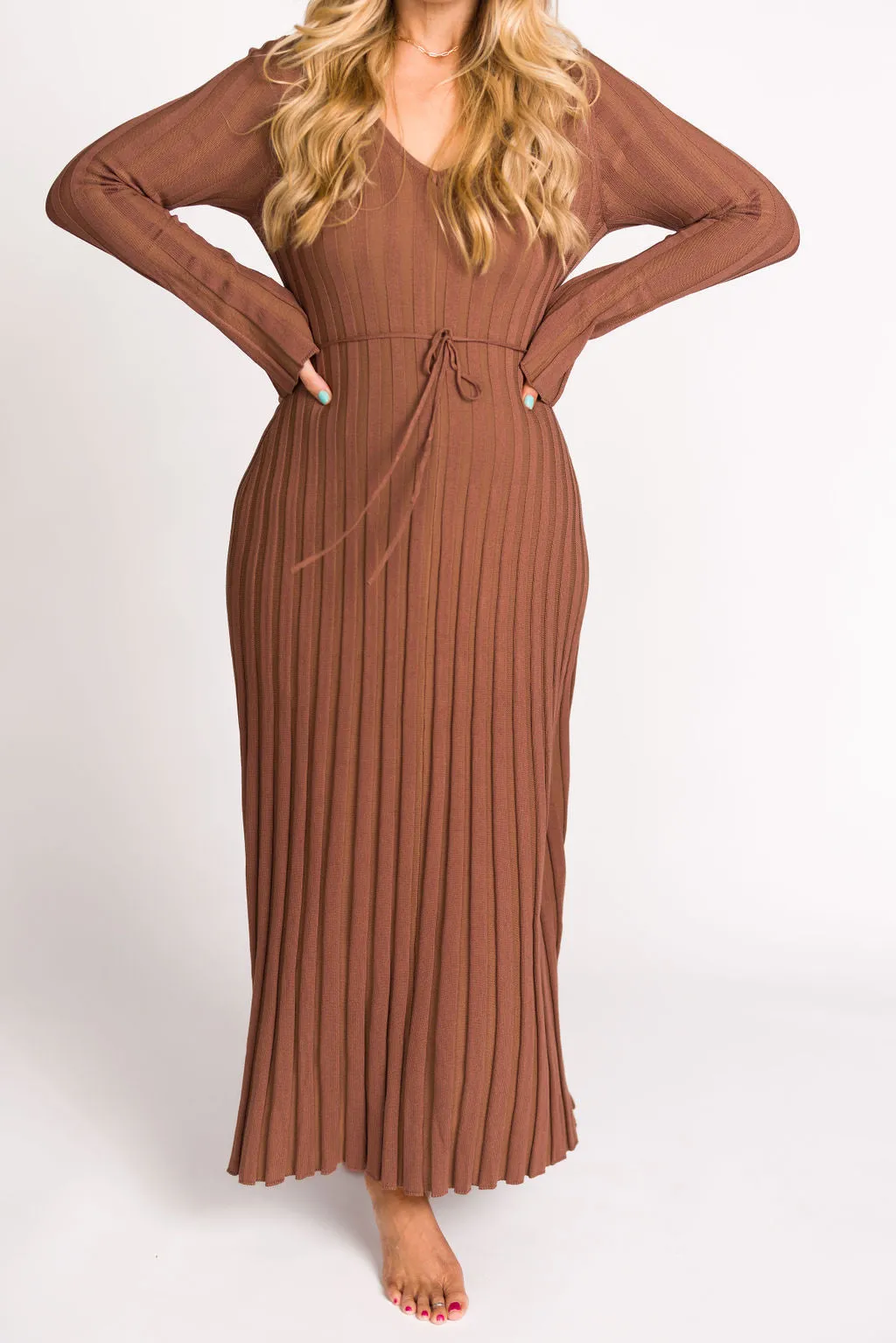 Hadley Long Sleeve V-Neck Knit Maxi Dress in Cocoa sold by Worth Collective product image thumbnail 5