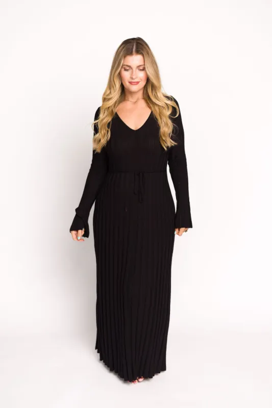 Hadley Long Sleeve V-Neck Knit Maxi Dress in Black sold by Worth Collective