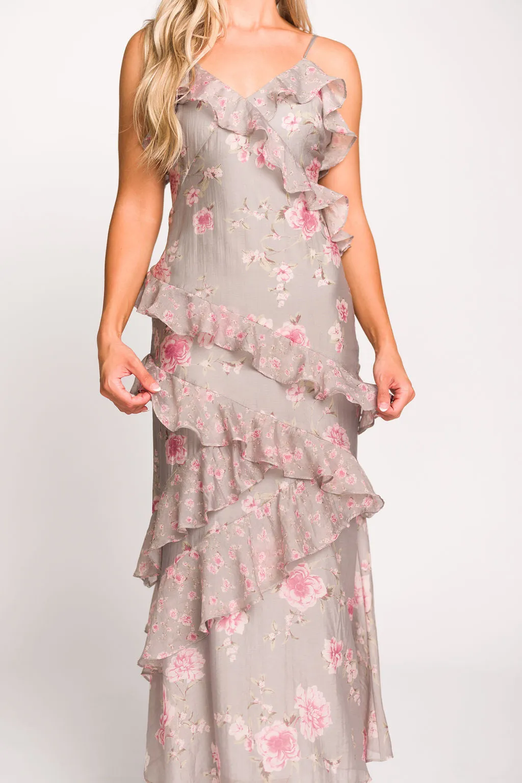 Amelia Ruffle Maxi Dress in Grey/Pink Floral *Final-Sale* sold by Worth Collective product image thumbnail 2