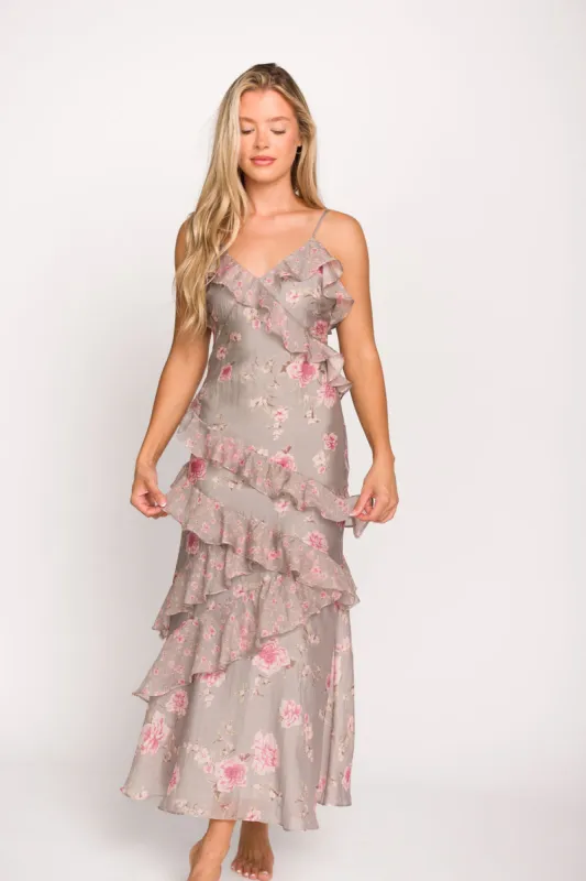 Amelia Ruffle Maxi Dress in Grey/Pink Floral *Final-Sale* sold by Worth Collective