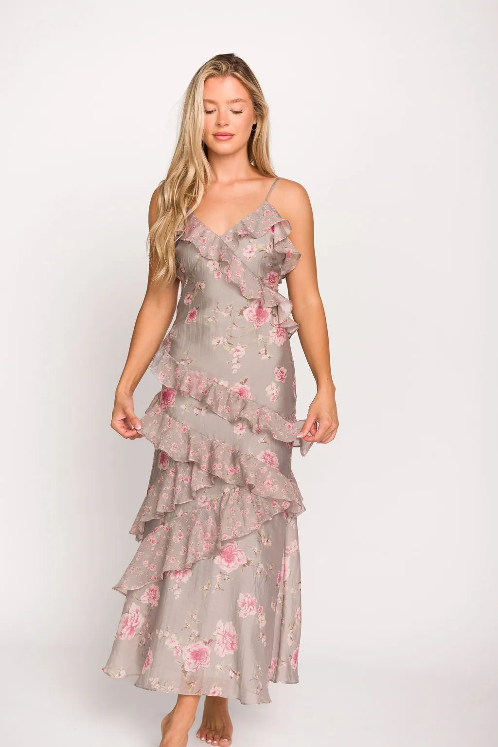 Amelia Ruffle Maxi Dress in Grey/Pink Floral *Final-Sale* sold by Worth Collective